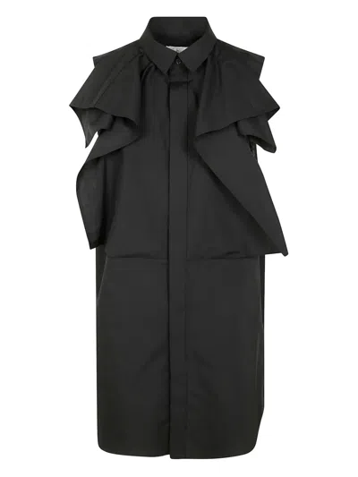 Sacai Poplin Dress With Cap Sleeves And Ruffled Detail In Schwarz