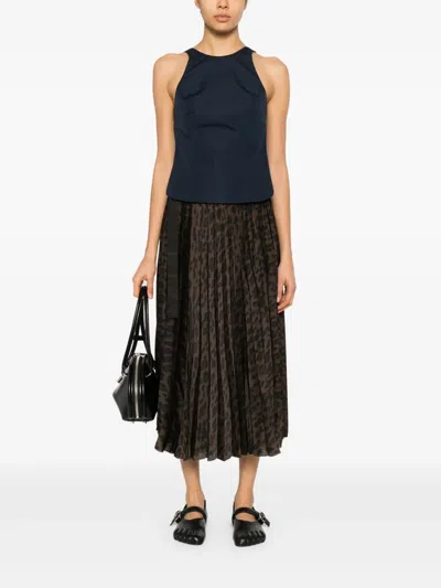 Sacai Pleated High-waisted Animal Print Midi Skirt In Brown
