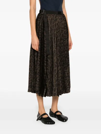 Sacai Pleated High-waisted Animal Print Midi Skirt In Brown