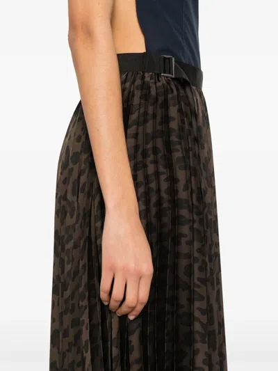 Sacai Pleated High-waisted Animal Print Midi Skirt In Brown