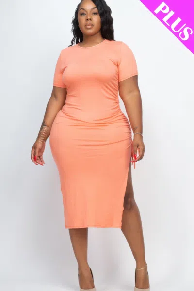 FASHNZFAB WOMEN'S PLUS SIZE DRAWSTRING RUCHED SIDE SPLIT HEM MIDI DRESS 