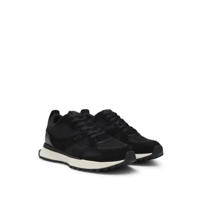 Hugo Boss Trainers With Knit And Burnished-leather Trims In Black