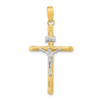 Diamond2deal 14k Yellow Gold White Rhod Polished Textured Inri Crucifix Cross Pendant In Yellow