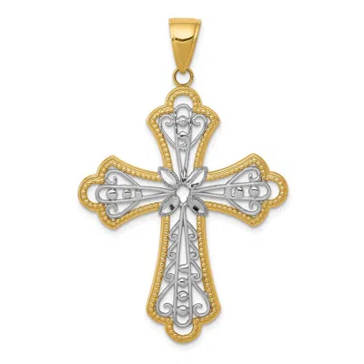 Diamond2deal 14k Yellow Gold Rhodium Diamond-cut Filigree Cut-out Cross Pendant In Yellow