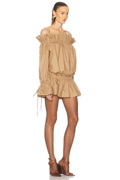 Saint Laurent Ruched Neckline Mini Dress Poet Sleeves In Cannelle