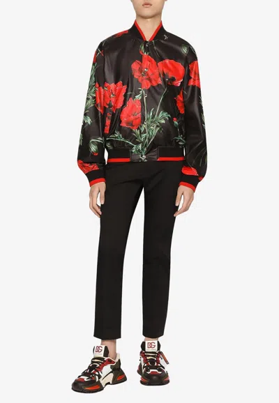 Dolce & Gabbana Floral Faux Leather Bomber Jacket In Multicolor