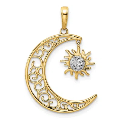 Diamond2deal 14k Yellow Gold White Rhodium Diamond-cut Moon Dangle Sun Pendant In Yellow