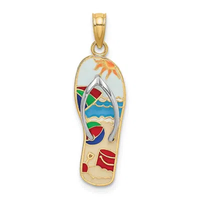 Diamond2deal 14k Yellow Gold Rhodium Multi-colored 3d Enamel Beach Scene On Flip-flop Charm In Yellow