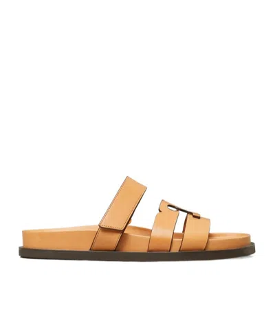 Tory Burch Double-strap Closure Slides With Elegant Buckle Detail In Yellow