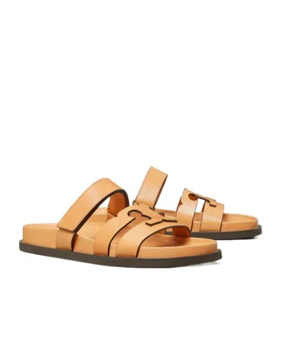Tory Burch Double-strap Closure Slides With Elegant Buckle Detail In Yellow