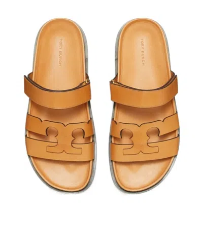 Tory Burch Double-strap Closure Slides With Elegant Buckle Detail In Yellow