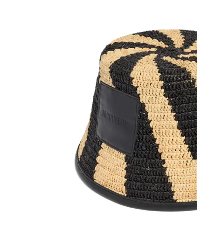 Jacquemus Le Bob Soli Striped Raffia Bucket Hat In Black