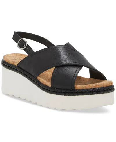 Lucky Brand Women's Pebina Crossband Platform Wedge Sandals In Black Leather
