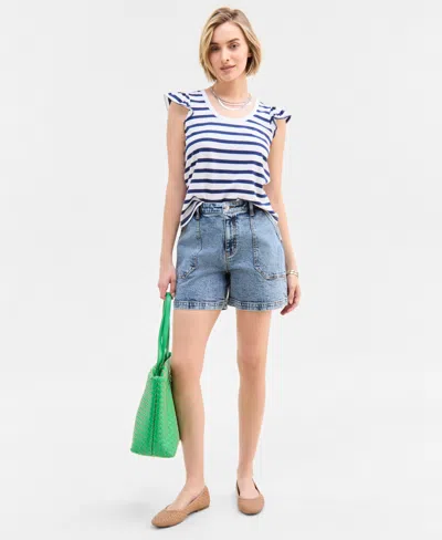 On 34th Women's Striped Flutter-sleeve Voop-neck T-shirt, Exclusively At Macy's In Multi