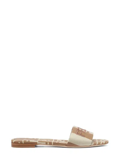 Fendi Signature Beige Fabric Slides In Neutral