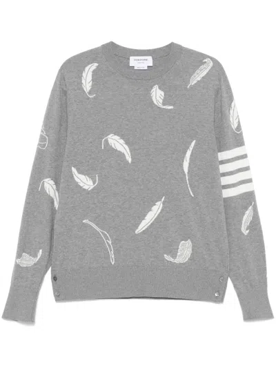 Thom Browne Gray Feather Intarsia Relaxed Fit Crew Neck Sweater In Grey