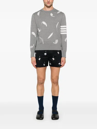 Thom Browne Gray Feather Intarsia Relaxed Fit Crew Neck Sweater In Grey