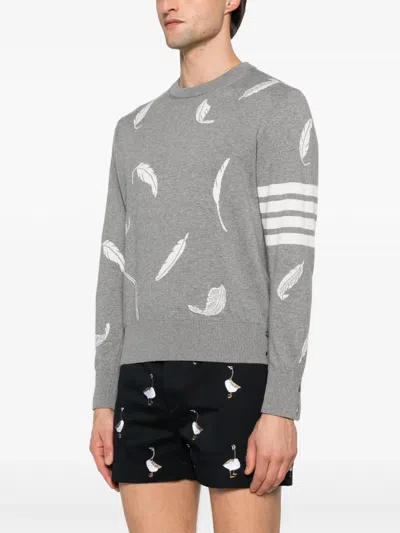 Thom Browne Gray Feather Intarsia Relaxed Fit Crew Neck Sweater In Grey