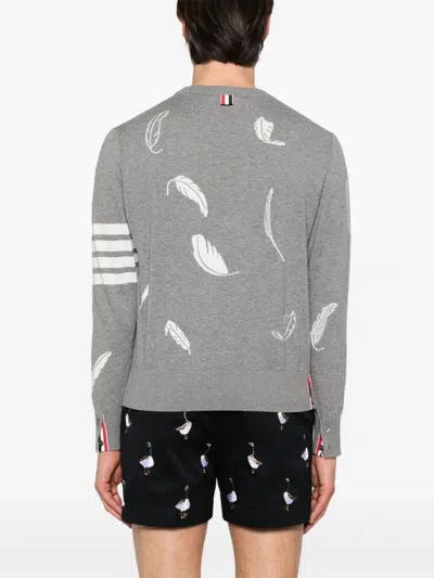 Thom Browne Gray Feather Intarsia Relaxed Fit Crew Neck Sweater In Grey
