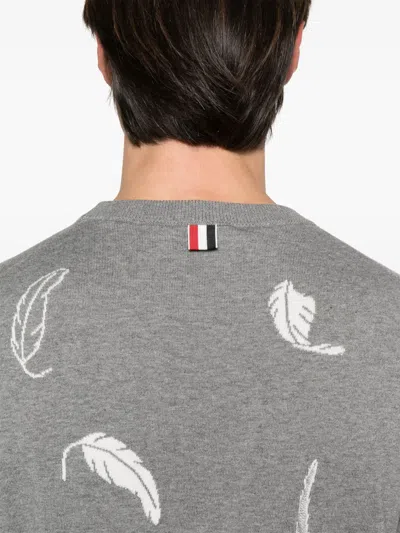 Thom Browne Gray Feather Intarsia Relaxed Fit Crew Neck Sweater In Grey