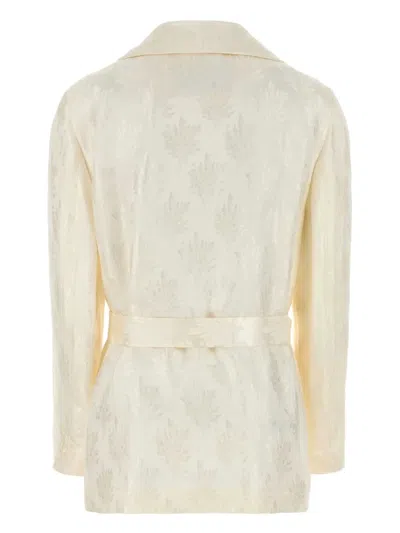 Fendi Silk Blazer With Belted Waist And Jacquard Pattern In White