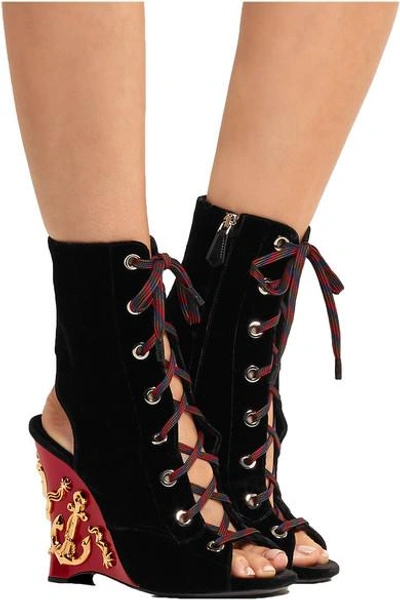 Shop Prada Embellished Velvet Boots In Black