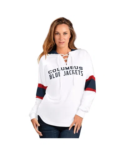 G-iii 4her By Carl Banks Women'sâ White Columbus Blue Jackets Goal Zone Long Sleeve Lace-up Hoodie T-shirt In White