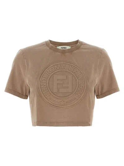 Fendi Beige Washed-out Cropped T-shirt With Logo In Neutral
