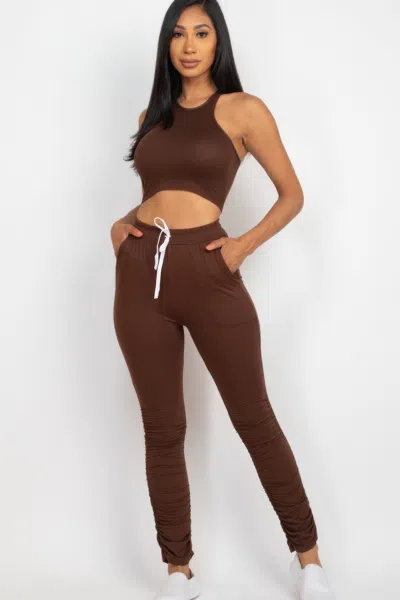 Fashnzfab Women's Crop Tank Top & Ruched Pants Set In Brown