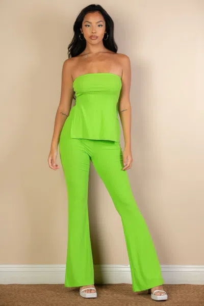 Fashnzfab Women's Ribbed Side Slit Bandeau Top & Flare Pants Set In Green