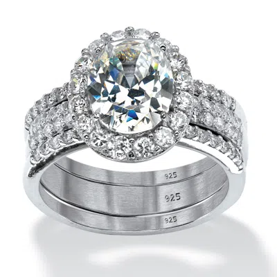 Palm Beach Jewelry 3 Piece 3.72 Tcw Oval-cut Cubic Zirconia Halo Bridal Ring Set In White