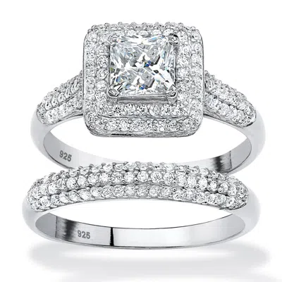 Palm Beach Jewelry 2 Piece 1.67 Tcw Cz Halo Bridal Ring Set In Platinum-plated Sterling Silver In White