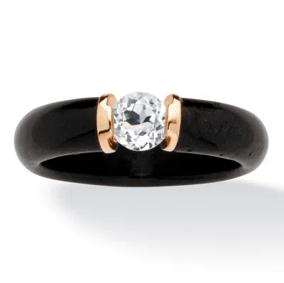 Palm Beach Jewelry .56 Cttw. 10k Solid Gold Genuine Black Jade And Round White Topaz Ring In Black