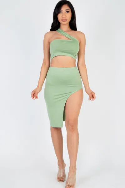 Fashnzfab Women's Sexy Solid One Shoulder Crop Top & Split Thigh Midi Skirt Set In Green