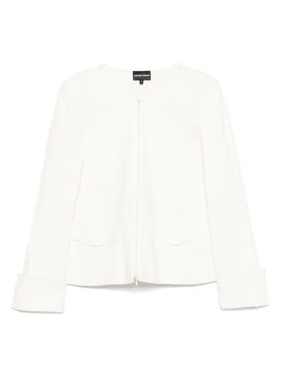 Emporio Armani Cotton Blazer Jacket With Shoulder Pads And Side Slit Pockets In White