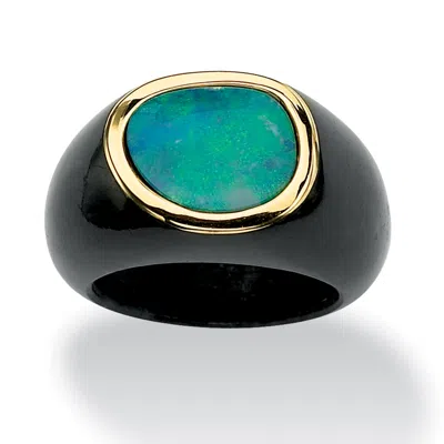 Palm Beach Jewelry 3.01 Carats Tcw Genuine Blue Opal And Black Jade 10k Yellow Gold Bezel-set Ring In Blue