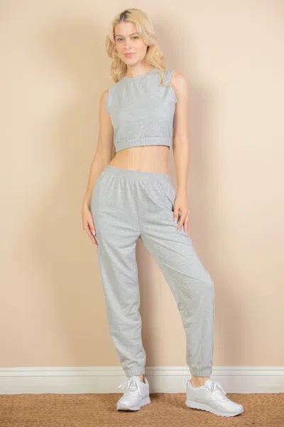Fashnzfab Women's French Terry Elastic Waist Tank Top & Joggers Set In Grey