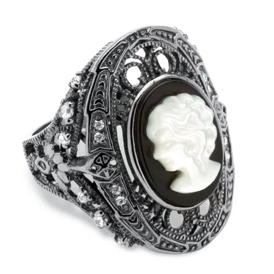 Palm Beach Jewelry Onyx And Mother-of-pearl Cameo And Cz Cocktail Ring Black Rhodium-plated In White