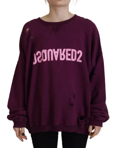 Pre-owned Dsquared2 Dsquared² Cotton Distressed Printed Long Sleeve Women's Sweater () In Purple
