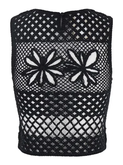Pinko Fantasy Net Crochet Floral Top Keyhole In Black