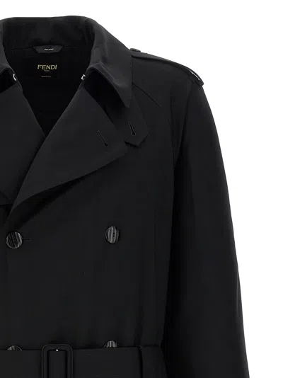 Fendi Trench Coat Wool Belted Waist In Black