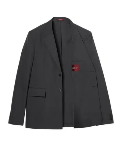 Gucci Men Dark Grey Jacket With Chest Pocket And Embossed Logo In Wool Gabardine Man In Blue