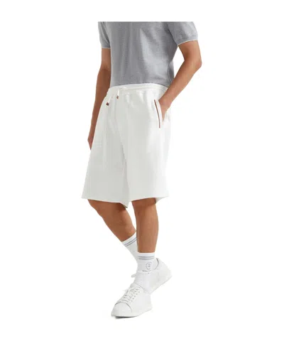Brunello Cucinelli Garment Dyed Linen Gabardine Bermuda Shorts With Drawstring And Darts In Off-white