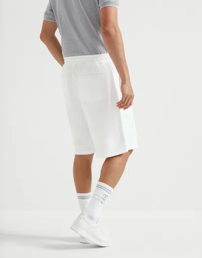 Brunello Cucinelli Garment Dyed Linen Gabardine Bermuda Shorts With Drawstring And Darts In Off-white