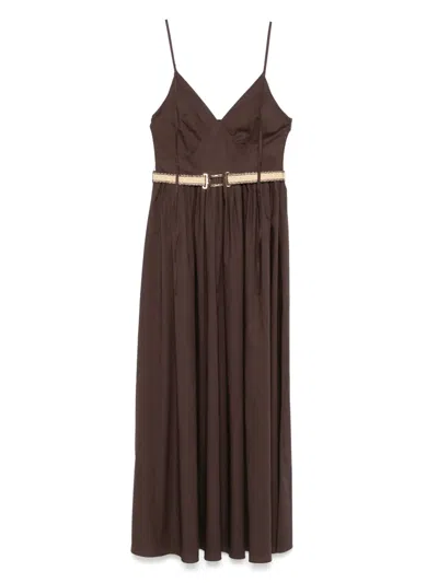 Twinset Twin-set Fitted Brown Maxi Dress With Deep V-neckline In Brown