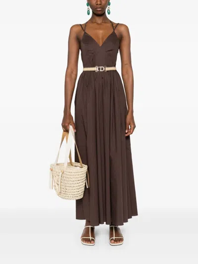 Twinset Twin-set Fitted Brown Maxi Dress With Deep V-neckline In Brown