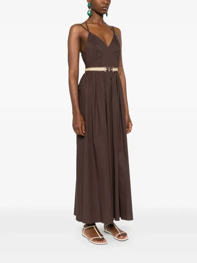 Twinset Twin-set Fitted Brown Maxi Dress With Deep V-neckline In Brown