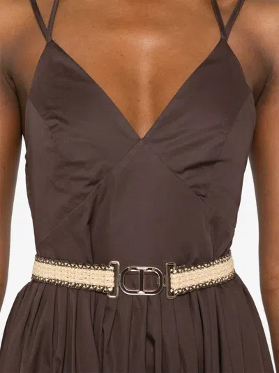 Twinset Twin-set Fitted Brown Maxi Dress With Deep V-neckline In Brown