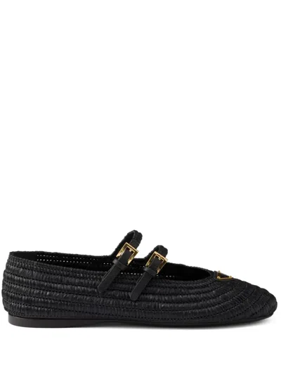 Prada Woven Flat Shoes With Adjustable Gold-tone Straps In Black