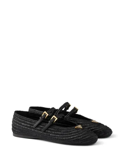 Prada Woven Flat Shoes With Adjustable Gold-tone Straps In Black